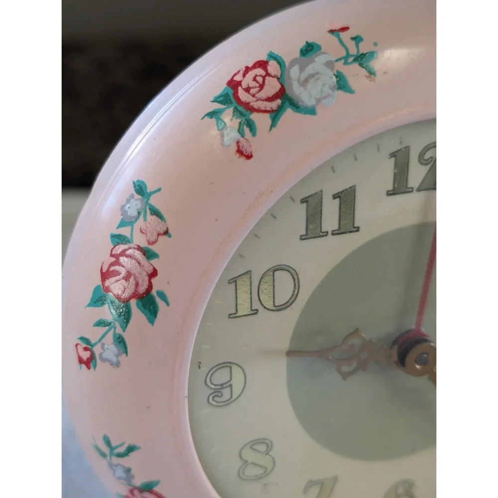 Vintage Retro Mid Century Wind Alarm Clock Round Pink Rose Flower US Time Rare